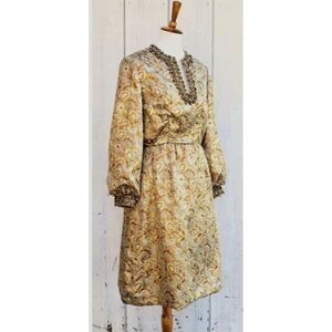 1960s Vintage Carlye Gold Brocade Paisley Dress Womens 10/4*‎ Beaded Belted EUC